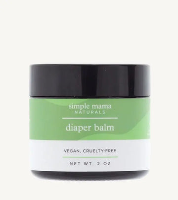 A 2 oz recyclable glass jar of Simple Mama Naturals Diaper Balm, labeled as vegan and cruelty-free.