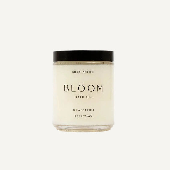 Jar of body polish from Bloom Bath Co. on a white background