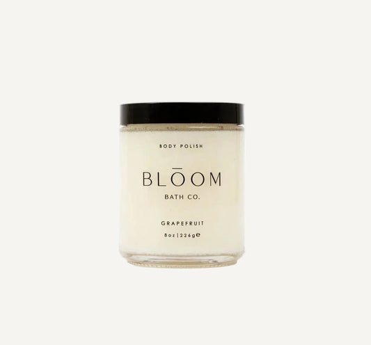 Jar of body polish from Bloom Bath Co. on a white background