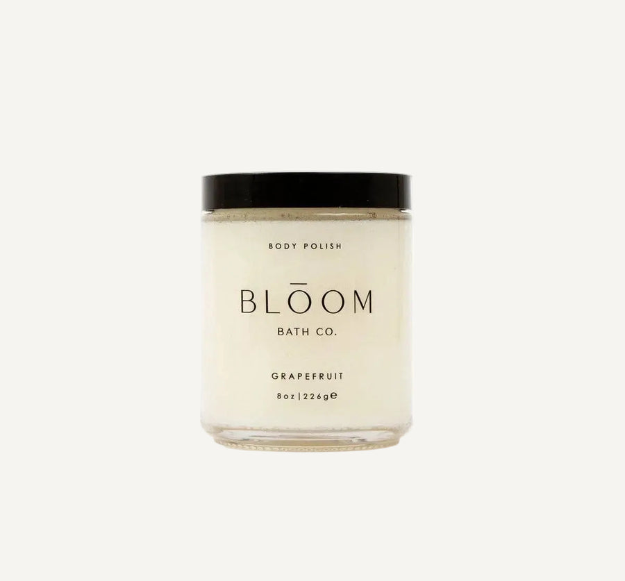 Jar of body polish from Bloom Bath Co. on a white background