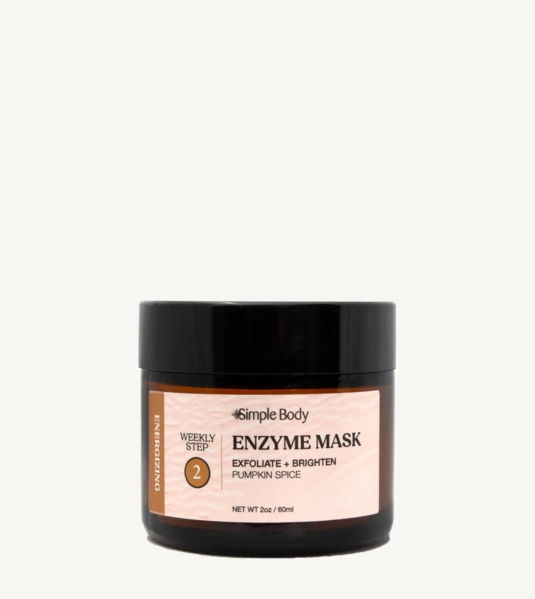 A black and clear glass jar with a label that reads 'Enzyme Mask' and indicates the product is for exfoliating and brightening the skin. The jar is set against a white background.