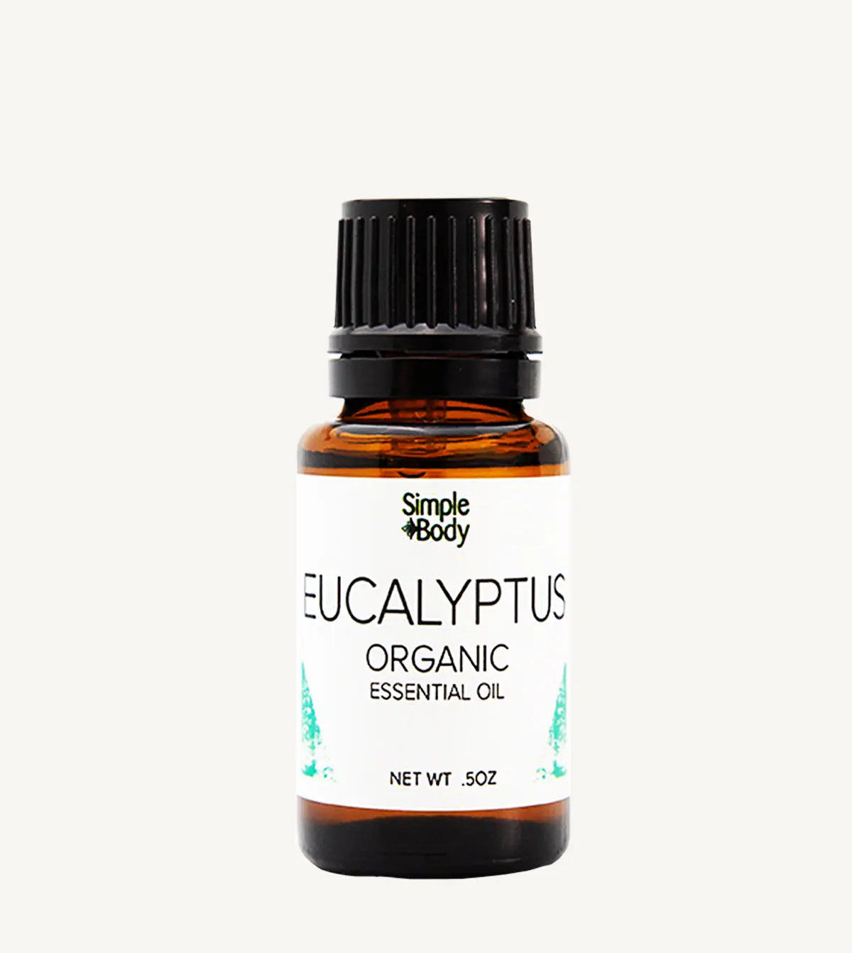 Bottle of Simple Body Eucalyptus Organic Essential Oil on a white background