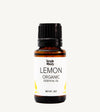 Bottle of Simple Body Lemon Organic Essential Oil on a white background