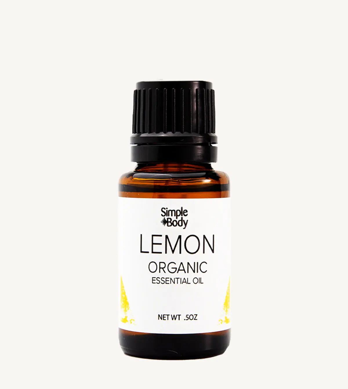 Bottle of Simple Body Lemon Organic Essential Oil on a white background