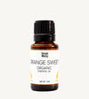 Bottle of Simple Body Orange Sweet Organic Essential Oil on a white background