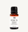 Bottle of Simple Body Rose 3% Organic Essential Oil on a white background