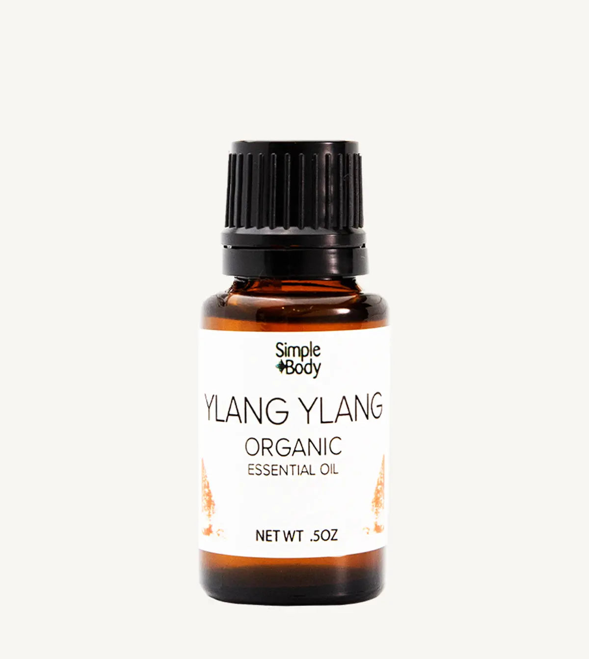 Bottle of Simple Body Ylang Ylang Organic Essential Oil on a white background