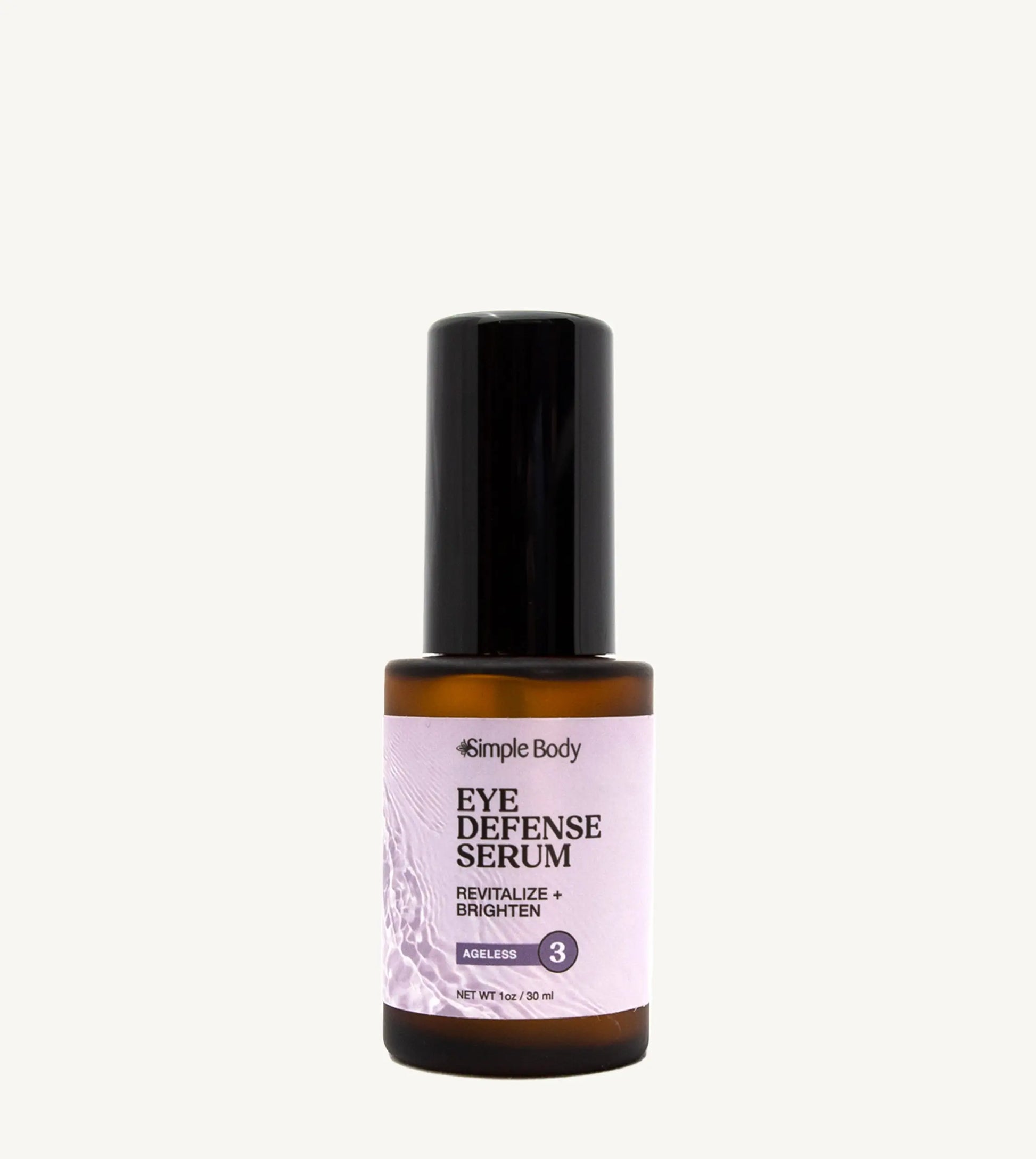 A glass dropper bottle of Eye Defense Serum with a black cap and a label that includes the product name and benefits.
