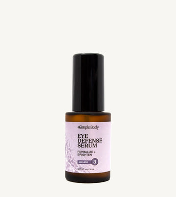 A glass dropper bottle of Eye Defense Serum with a black cap and a label that includes the product name and benefits.