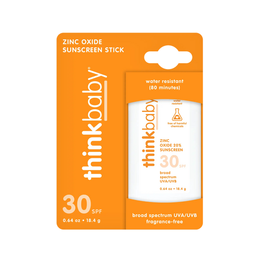 thinkbaby sunscreen stick packaging with orange background