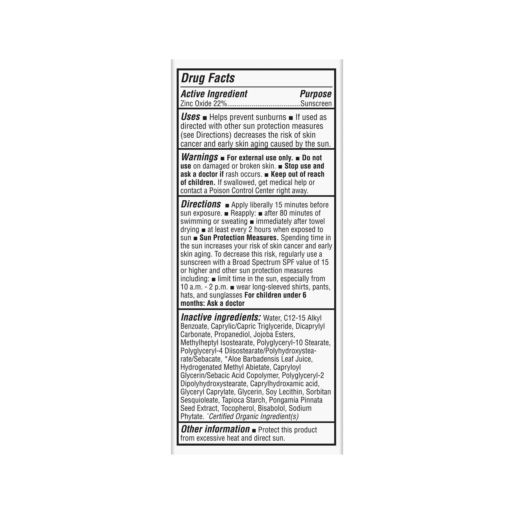 Sunscreen label with active ingredients and directions on a white background