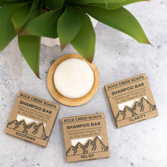 Rock Creek Soaps shampoo bars with packaging on a light surface with green leaves in the background