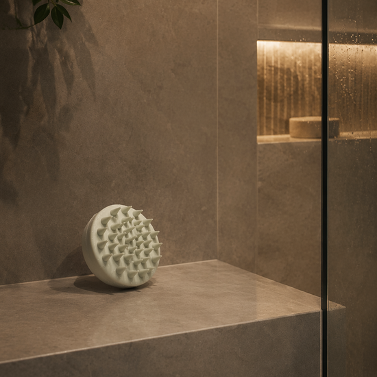 A photo of a hair and scalp brush in a modern shower. Image generated by AI