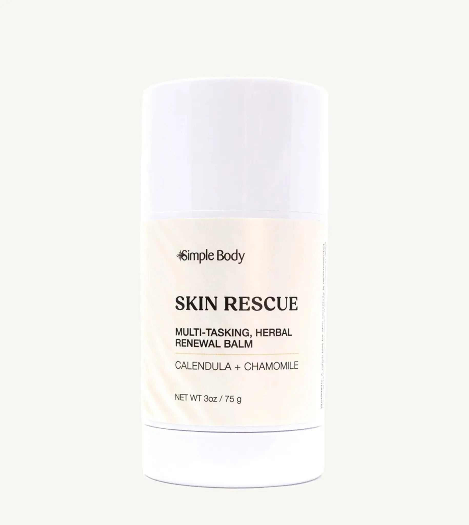 A white container of Simple Body Skin Rescue balm, labeled as multipurpose herbal balm for stressed skin.