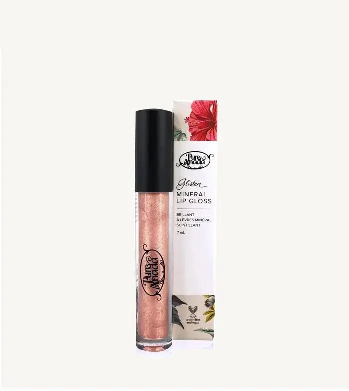 A photo of a tube of Pure Anada's Glisten Mineral Lip Gloss  with a shimmery peach color on a tan background.