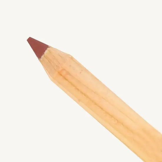 A close up photo of Pure Anada's Lip Pencil in a warm brick red color on a tan background. 