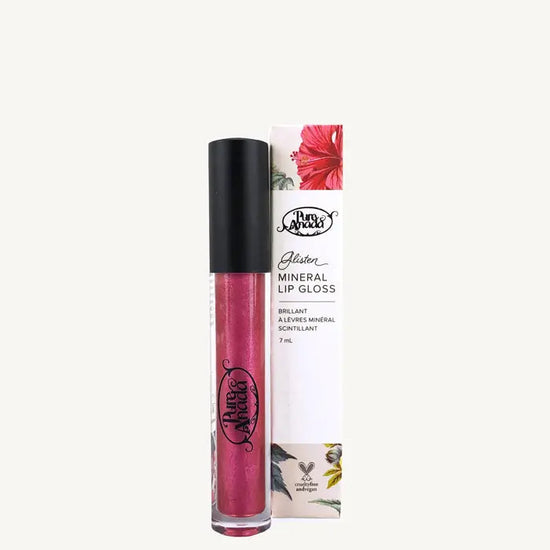 A photo of a tube of Pure Anada's Glisten Mineral Lip Gloss in a shimmery plum - red color on a tan background.