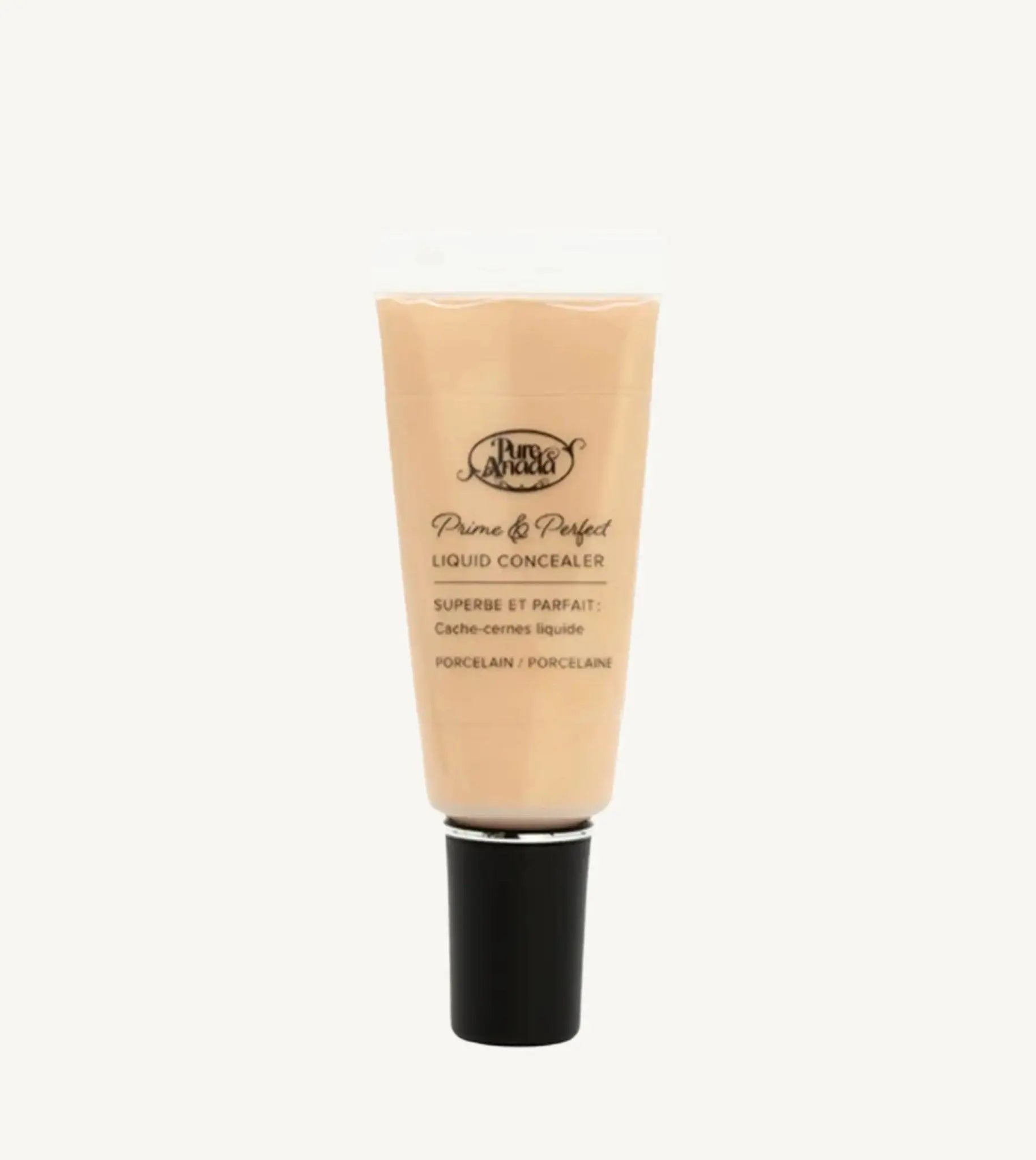 A photo of Pure Anada's Liquid Concealer in Porcelain which is a very light beige color on a tan background.
