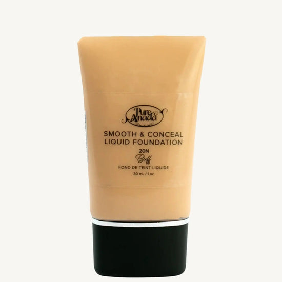 Tube of Pure Andada Smooth & Conceal Liquid Foundation in Buff 20N color which is a warm beige with warm undertones color on a white background