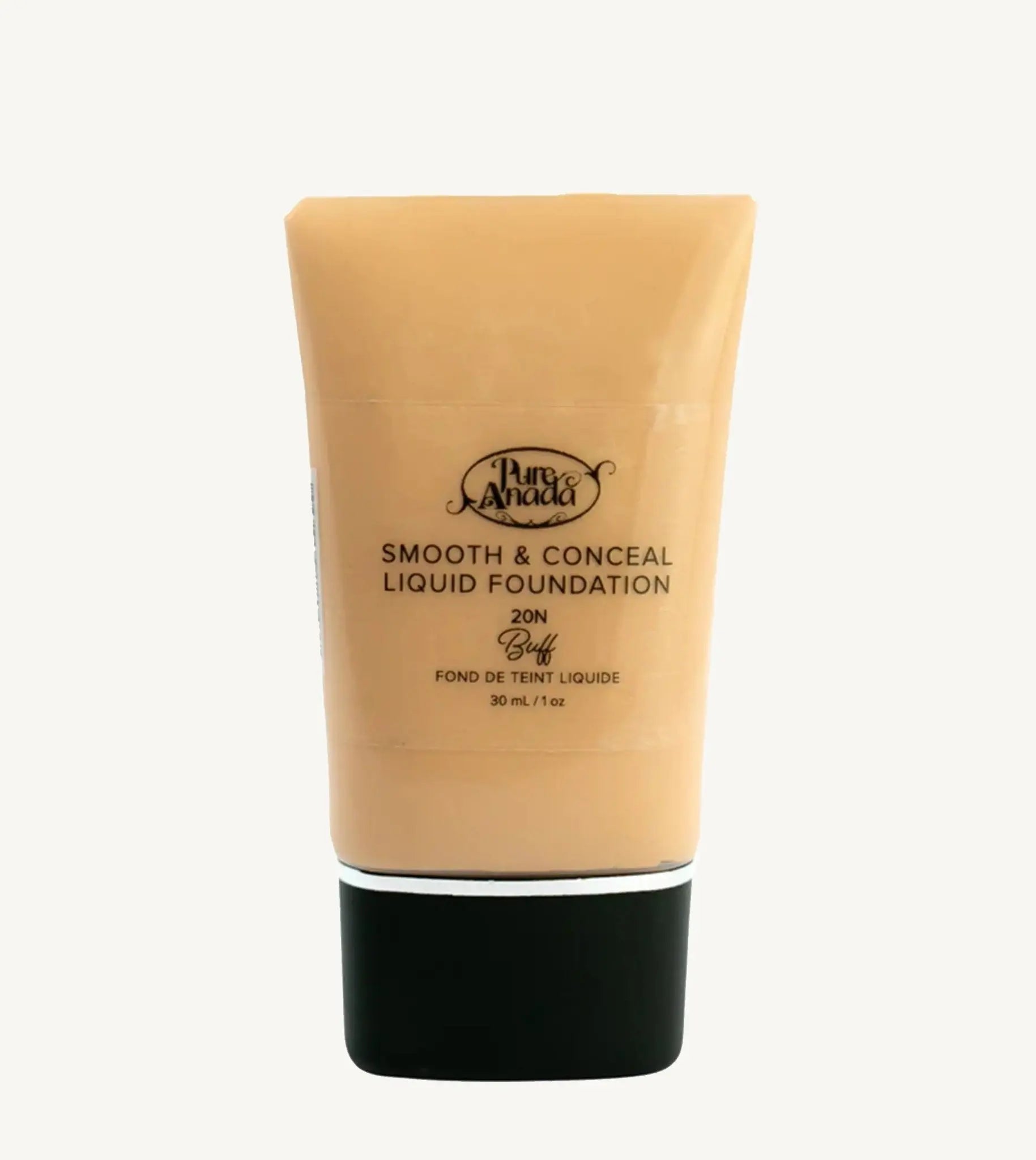 Tube of Pure Andada Smooth & Conceal Liquid Foundation in Buff 20N color which is a warm beige with warm undertones color on a white background