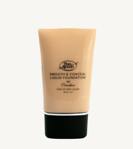 A bottle of Pure Anada Smooth & Conceal Liquid Foundation in Porcelain 10C color which is a cool beige color with pink undertones on a white background.