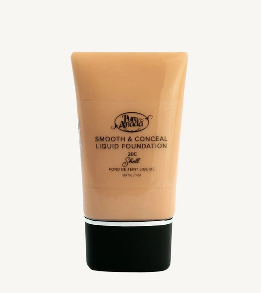 A bottle of Pure Anada Smooth & Conceal Liquid Foundation in Shell 20C which is for light skin with cool or pink undertones on a white background.