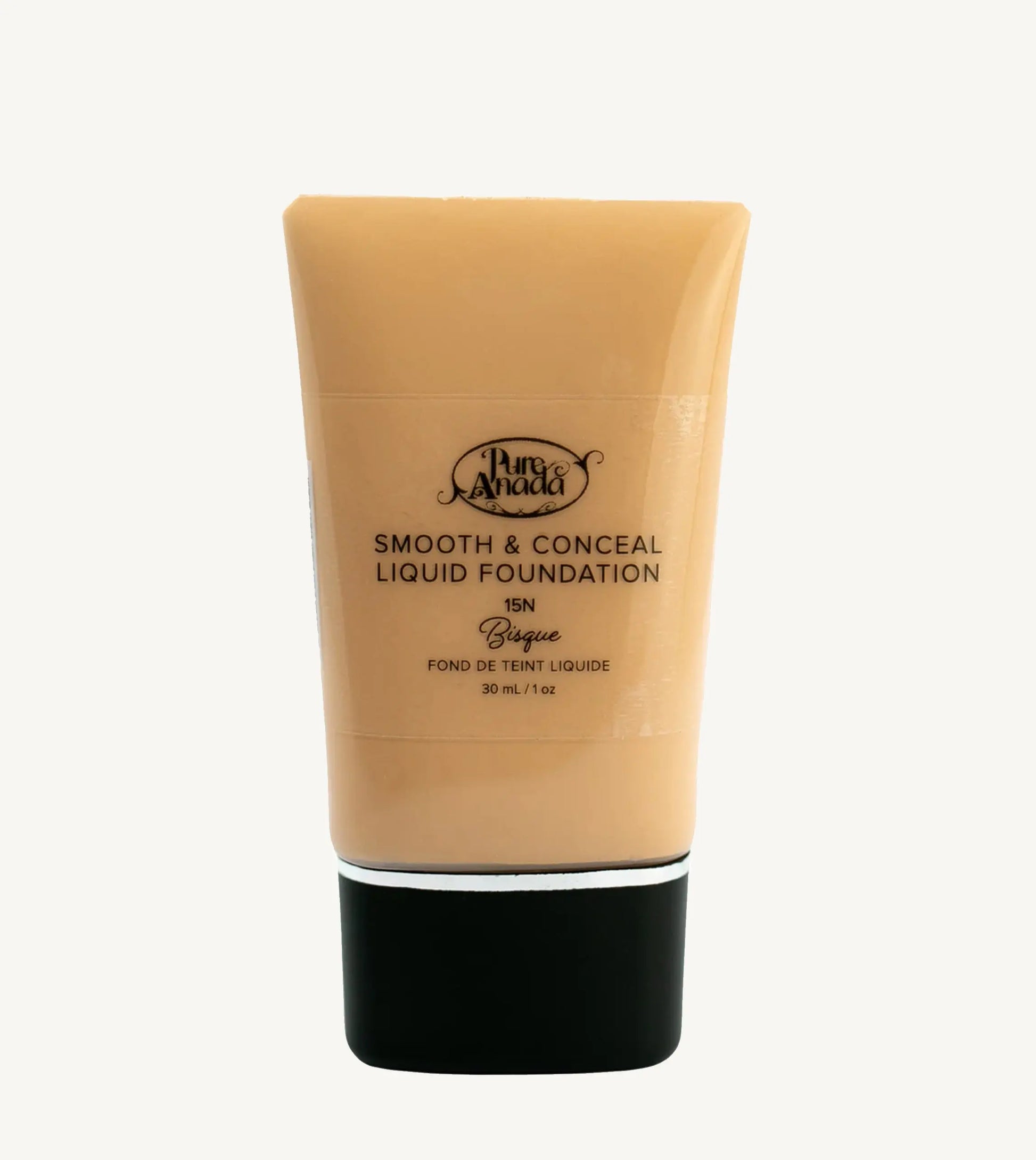 A Bottle of Pure Anada Smooth & Conceal Liquid Foundation in Bisque 15N color which is a warm beige color with yellow undertone on a white background.