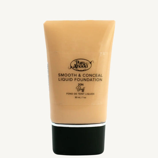 Tube of Pure Andada Smooth & Conceal Liquid Foundation in Buff 20N color which is a warm beige with warm undertones color on a white background