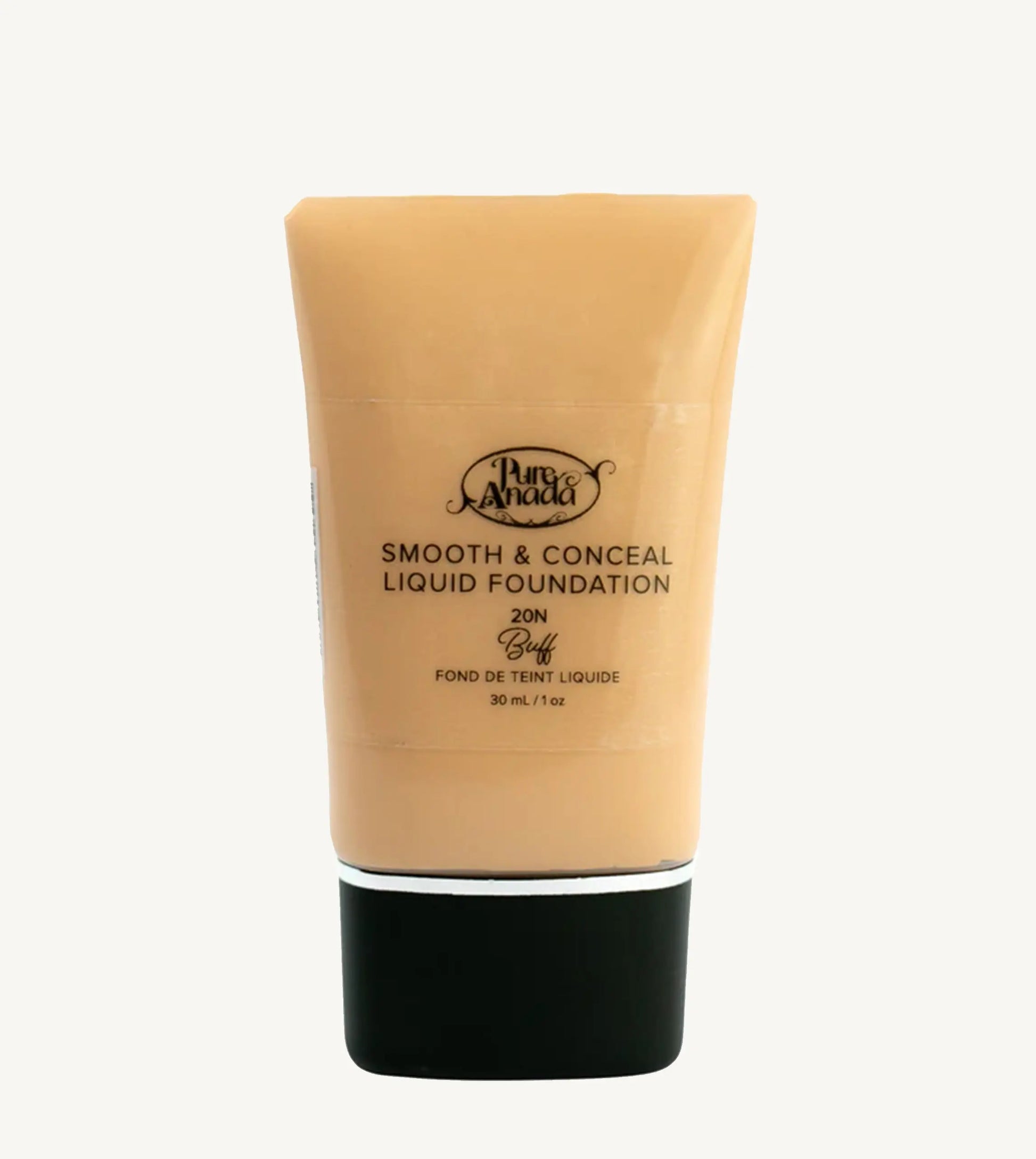 Tube of Pure Andada Smooth & Conceal Liquid Foundation in Buff 20N color which is a warm beige with warm undertones color on a white background