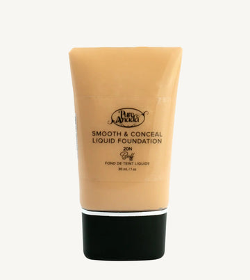Tube of Pure Andada Smooth & Conceal Liquid Foundation in Buff 20N color which is a warm beige with warm undertones color on a white background