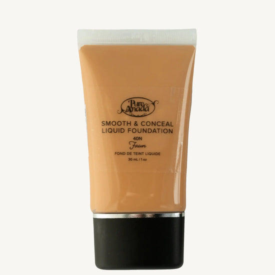 A tube of Pure Anada Smooth & Conceal Liquid Foundation in Fawn 40N color which is a medium beige with neutral undertones on a white background.