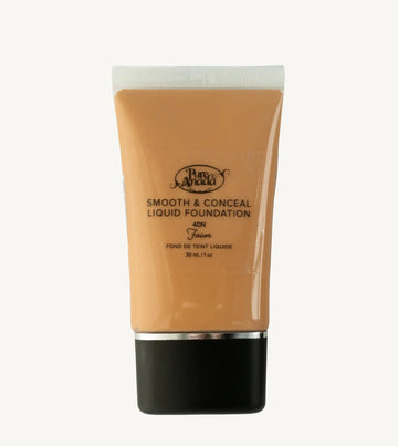 A tube of Pure Anada Smooth & Conceal Liquid Foundation in Fawn 40N color which is a medium beige with neutral undertones on a white background.