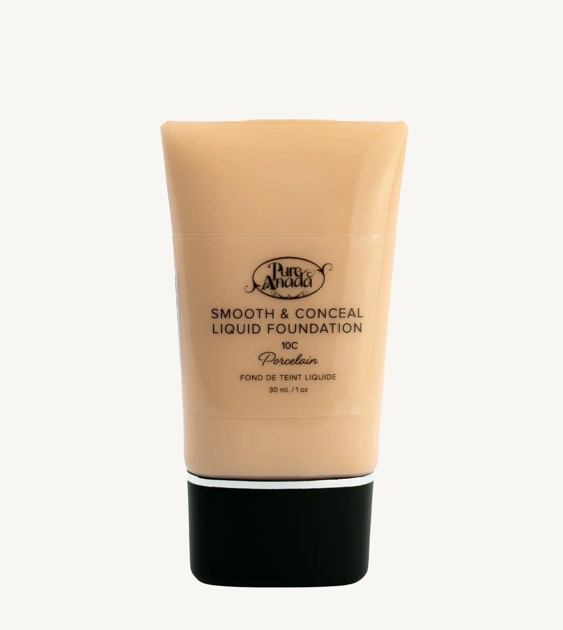 A bottle of Pure Anada Smooth & Conceal Liquid Foundation in Porcelain 10C color which is a cool beige color with pink undertones on a white background.