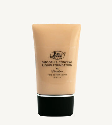 A bottle of Pure Anada Smooth & Conceal Liquid Foundation in Porcelain 10C color which is a cool beige color with pink undertones on a white background.