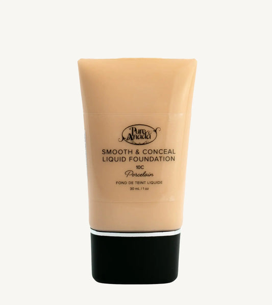 A bottle of Pure Anada Smooth & Conceal Liquid Foundation in Porcelain 10C color which is a cool beige color with pink undertones on a white background.