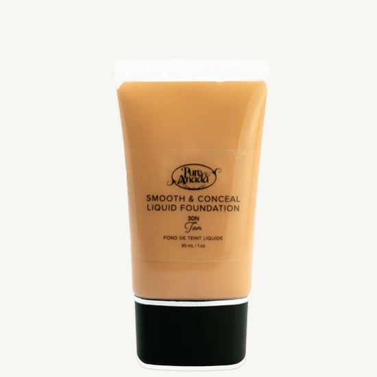 A bottle of Pure Anada Smooth & Conceal Liquid Foundation in Tan 30N which is a Medium Beige with neutral undertones on a white background.
