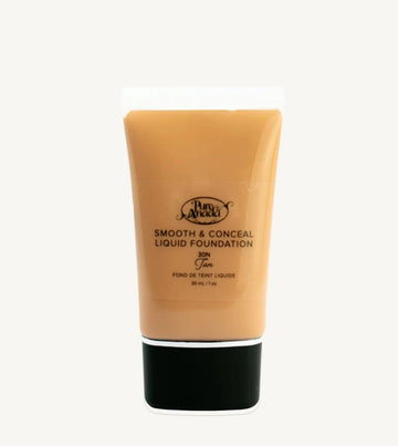 A bottle of Pure Anada Smooth & Conceal Liquid Foundation in Tan 30N which is a Medium Beige with neutral undertones on a white background.
