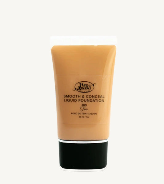 A bottle of Pure Anada Smooth & Conceal Liquid Foundation in Tan 30N which is a Medium Beige with neutral undertones on a white background.
