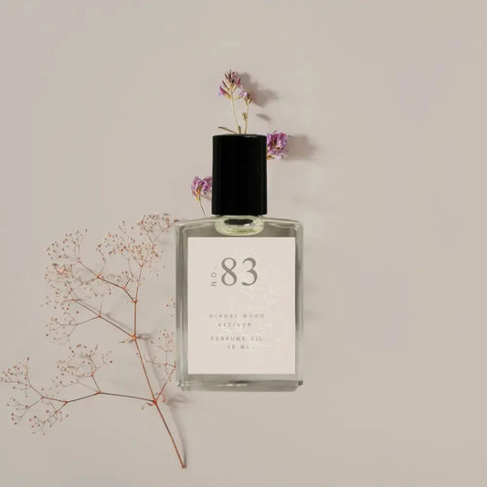Perfume bottle labeled 'No. 83' with flowers on a beige background