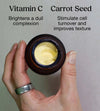 A hand holding a yellow cream by Simple Body called Beauty Balm calling out the benefits of Vitamin C which Brightens Dull Complexion and Carrot Seed Which Stimulates cell turnover and improves texture