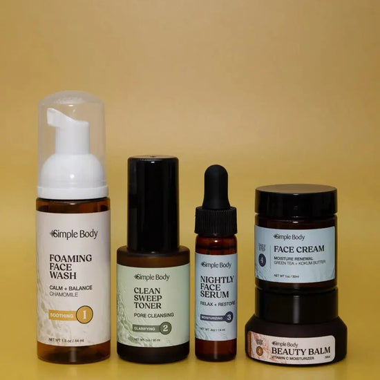 A Mini Starter Skincare kit for combination skin including a Foaming Face Wash, Rosewater Toner, Nightly Face Serum, Face Cream, and Beauty Balm on a Dark yellow background.