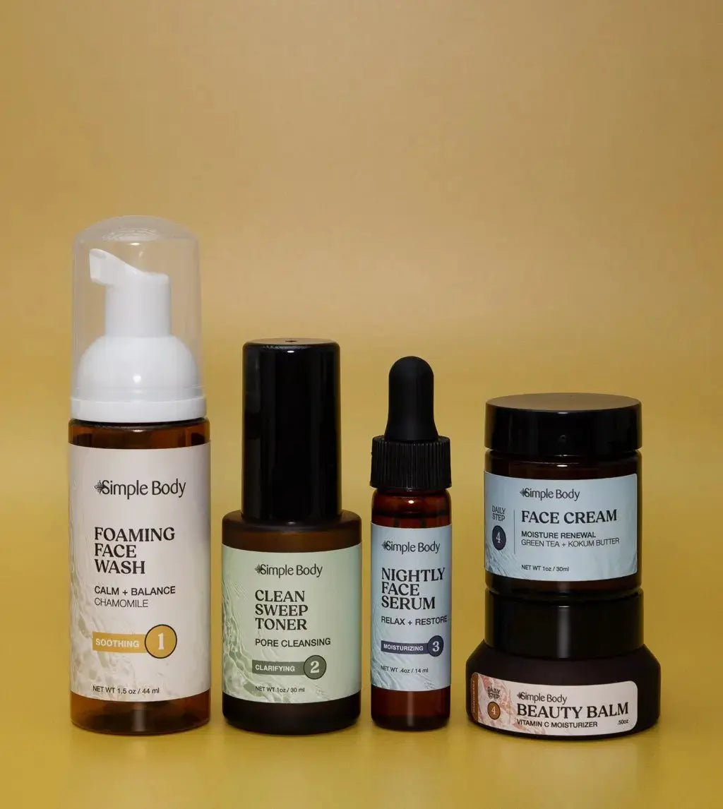 A Mini Starter Skincare kit for combination skin including a Foaming Face Wash, Rosewater Toner, Nightly Face Serum, Face Cream, and Beauty Balm on a Dark yellow background.