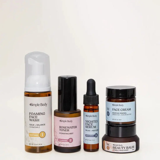 A Mini Starter Skincare kit for sensitive skin including a Foaming Face Wash, Rosewater Toner, Nightly Face Serum, Face Cream, and Beauty Balm on a light tan background.