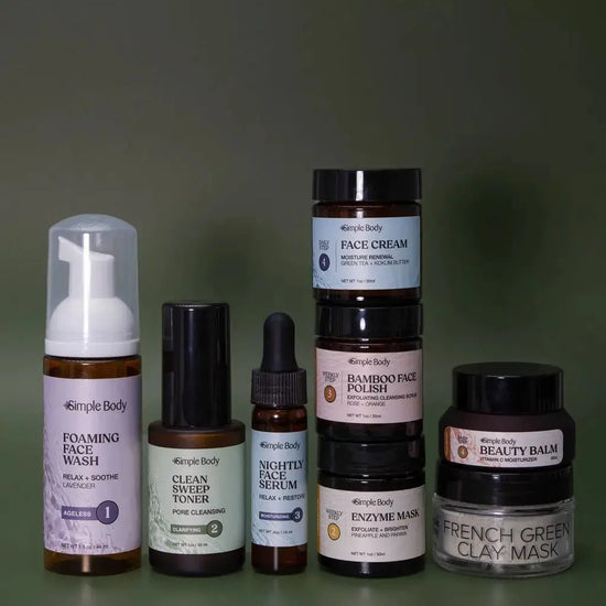 A Mini Skincare Kit for Acne Prone skin including a Foaming Face Wash, Clean Sweep Toner, Nightly Face Serum, Face Cream, Bamboo Face Polish, Pineapple and Papaya Enzyme Mask, Beauty Balm, French Green Clay Mask