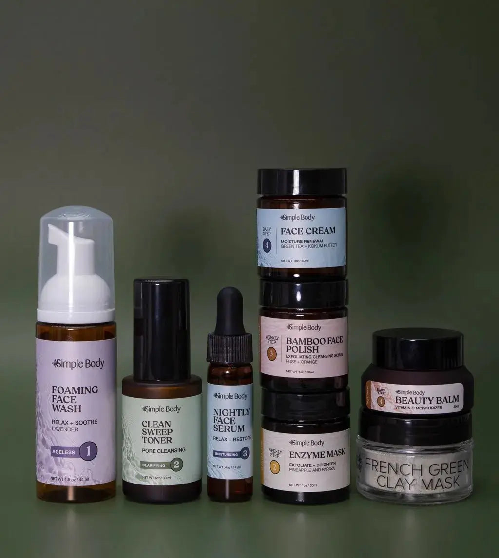 A Mini Skincare Kit for Acne Prone skin including a Foaming Face Wash, Clean Sweep Toner, Nightly Face Serum, Face Cream, Bamboo Face Polish, Pineapple and Papaya Enzyme Mask, Beauty Balm, French Green Clay Mask