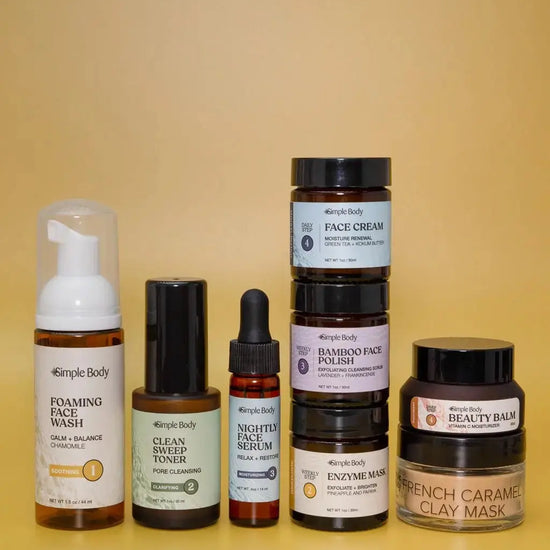 A Mini Starter Skincare kit for combination skin including a Foaming Face Wash, Clean Sweep Toner, Nightly Face Serum, Face Cream, Bamboo Face Polish, Enzyme Mask, Beauty Balm, and Clay Mask on a golden yellow background.