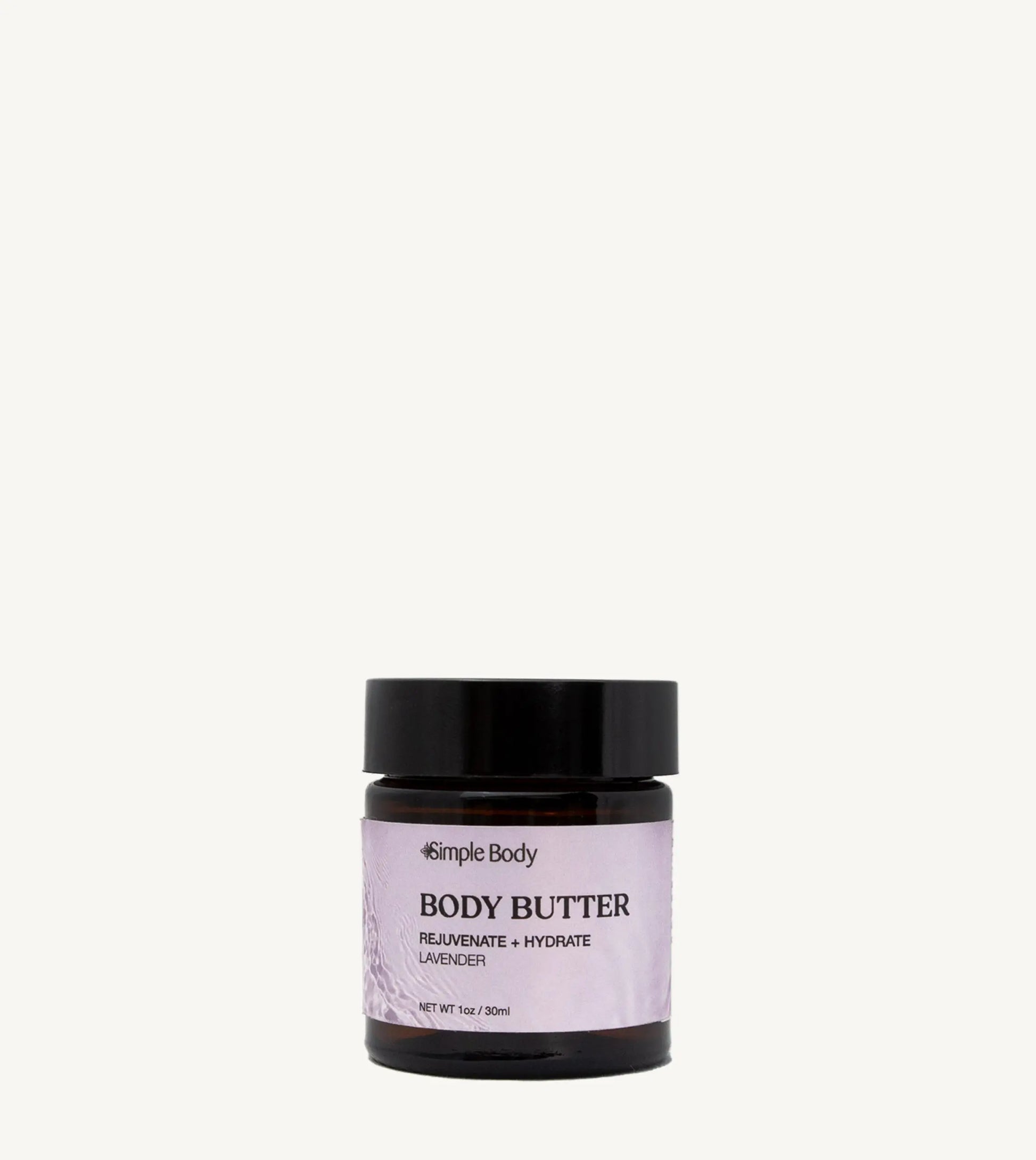 Jar of Simple Body body butter on a tan background