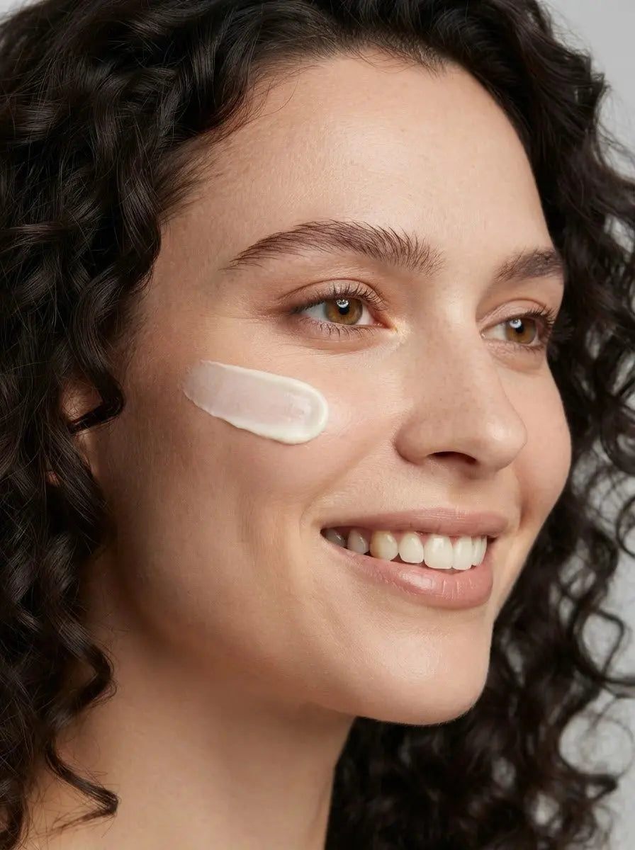 A woman with black curly hair smiles and has a swipe of Simple Body's Barrier Defense Serum on her cheek which is a white, creamy texture.