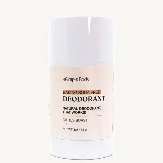 A white stick of Simple Body natural deodorant with minimal packaging, labeled 'Simple Body Baking Soda Free Deodorant' Citrus Burst in a 3 oz tube.