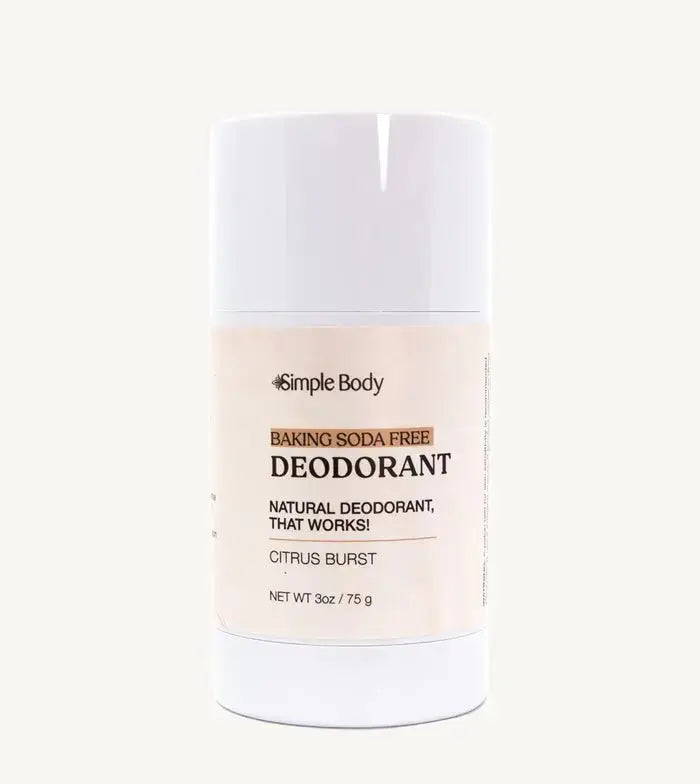 A white stick of Simple Body natural deodorant with minimal packaging, labeled 'Simple Body Baking Soda Free Deodorant' Citrus Burst in a 3 oz tube.
